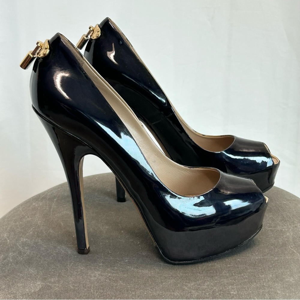 Louis Vuitton Black Patent Leather Lock It Peep Toe Platform Pumps high heels 40